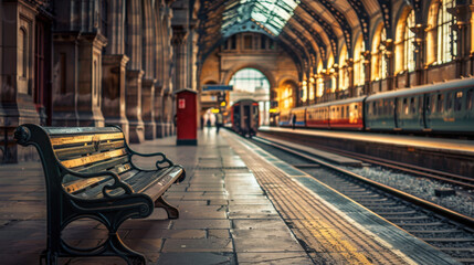 Journey's Start: The ambiance of a historic train station, featuring intricate architecture, and a sense of transit. The photo's perspective includes benches, railroad tracks, and a hint of a train. 