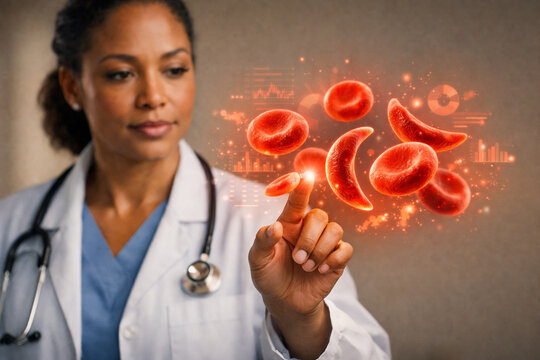 AI generated clinician examining hologram red blood cell deformation for sickle cell disease research healthcare innovation medical science future diagnosis