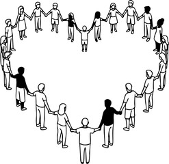 Human Circle Heart Vector - Black White Line Art Community Love Compassion Illustration People Holding Hands Connection Design on White Background
