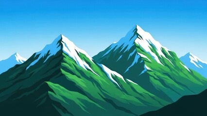 Vibrant illustration of snow-capped mountain peaks under a clear blue sky