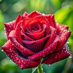 Close-up of a wet red rose with water droplets and bokeh background