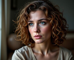 Thoughtful woman with curly hair gazing out a window.