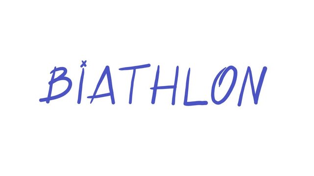 Horizontal 4K animation video. Line art doodle hand drawn hand written text Biathlon - winter sport in which skier skis and shoots at target with rifle on blue and white background. Concept of win