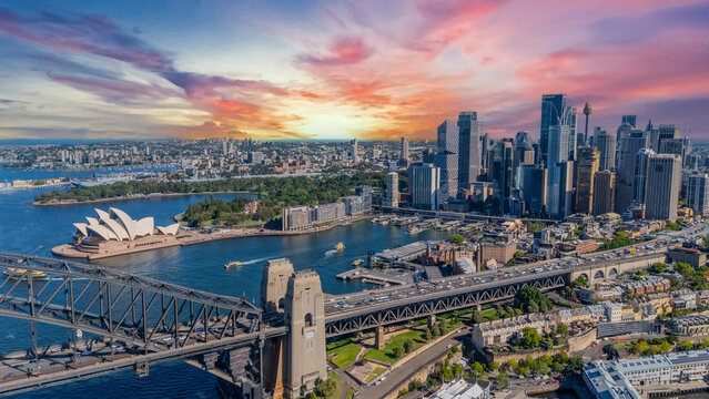 21 January 2026 Aerial Drone View of Sydney Harbour Circular Quay on a nice Summer day beautiful Sky in Sydney NSW Australia