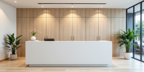 Modern reception area with sleek design and greenery accents.