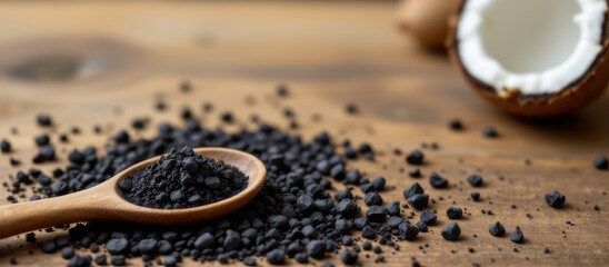 Black seeds on a wooden surface with a coconut shell in the background.