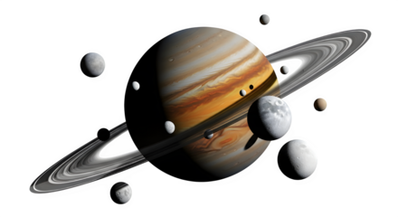 Saturn planet with moons isolated on transparent background science