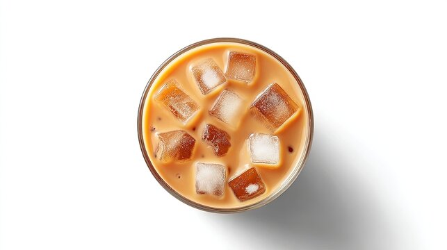 Overhead view of a glass containing creamy iced coffee with several melting square ice cubes floating