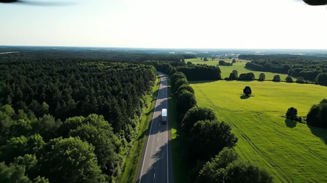 Road through forest landscape with truck green meadow and blue sky