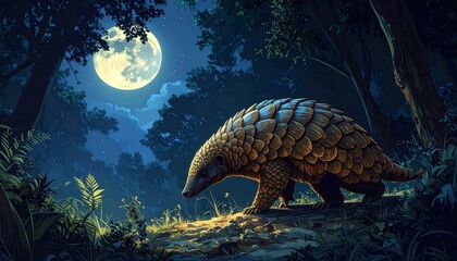 Fototapeta premium Giant Armadillo Walking Under Full Moon in Mystical Forest at Night
