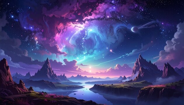 Fantasy Mountain Landscape with Aurora Sky and Glowing Stars at Twilight