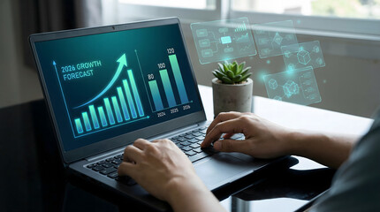 Hands on keyboard of laptop displaying 2026 growth forecast and glowing holographic data visualizati