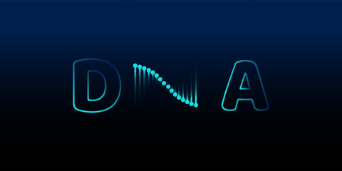 DNA Typography Design with Blue Double Helix Symbol. Abstract Genetic Molecule Concept for Science Laboratory, Biotechnology Research, and Medical Healthcare Banner. Modern Futuristic Tech Background.