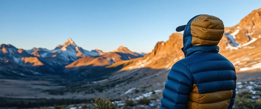 Figure in blue down jacket at backcountry camp in Indian Basin, Wyoming, admiring Fremont and Jackson Peaks in the distance, Bridger Wilderness,  sunset,  Jackson Peak