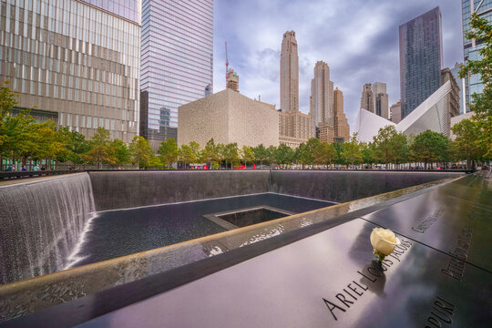 New York, USA, 09.17. 2025. A single white rose honors a victim's birthday at the North Pool of the National September 11 Memorial in Lower Manhattan.
