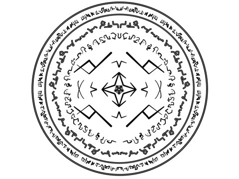 Ancient magic circle with mystical runes and geometric symbols ：神秘的なルーン文字と幾何学シンボルが描かれた古代の魔法陣）