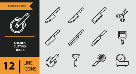 A collection of 12 editable line icons representing essential kitchen cutting tools