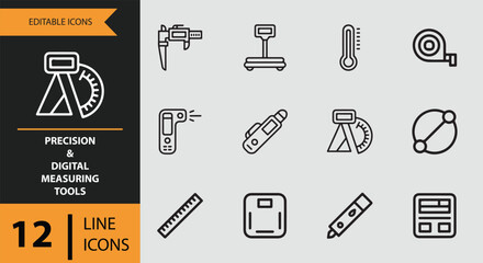 Versatile set of 12 editable line icons for precision and digital measurement tools