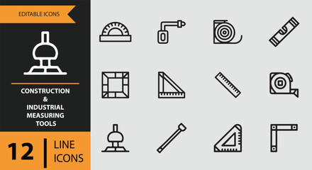 Editable line icons set featuring essential construction and industrial measuring tools