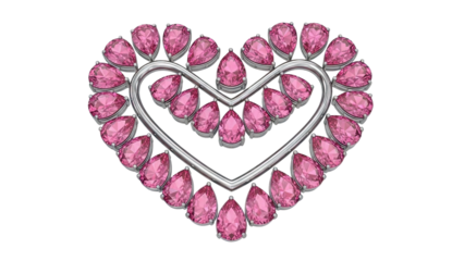 Heart-shaped arrangement of pink pear-cut gemstones with silver metal outline