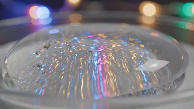 Close-up of a glass lens with colorful light refractions on a gray surface with blurred lights in the background.