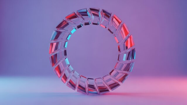A glowing, shattered glass torus floating in a gradient pink and blue environment - Powered by Adobe