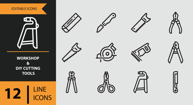 Workshop and diy cutting tools line icons for various construction and craft projects