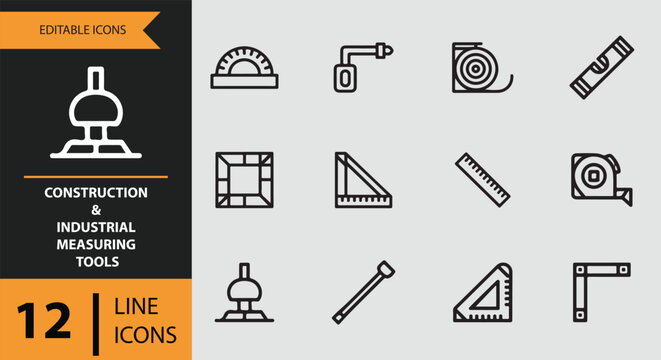 Editable line icons set featuring essential construction and industrial measuring tools - Powered by Adobe