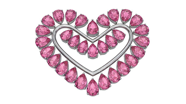 Heart-shaped arrangement of pink pear-cut gemstones with silver metal outline
