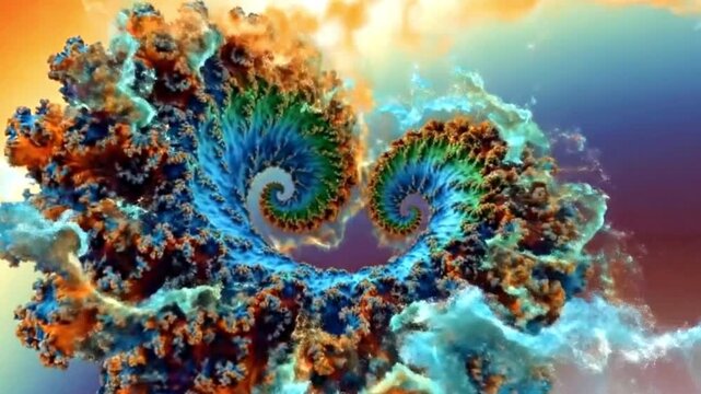 Dynamic, abstract animation of an evolving fractal structure. Vivid blues, greens, and oranges swirl into intricate organic patterns. Ideal for science, tech, or conceptual backgrounds, symbolizing gr
