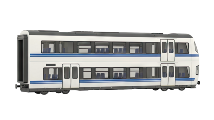 Double-decker train with blue stripes on white background