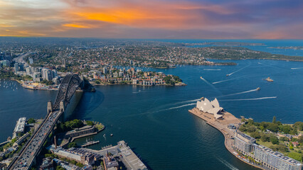 21 January 2026 Aerial Drone View of Sydney Harbour Circular Quay on a nice Summer day beautiful Sky in Sydney NSW Australia