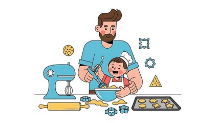 Fototapeta premium A father and child baking together on international father day, surrounded by baking utensils and decorations