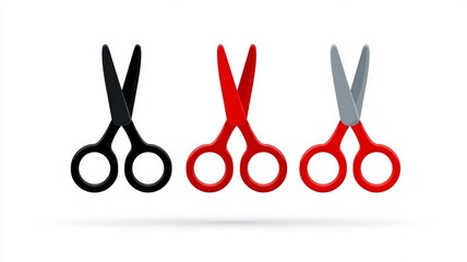 Multicolor scissors set on white background: black, red, silver variations