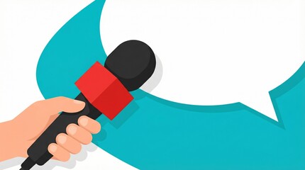 Hand holding microphone with speech bubble in background