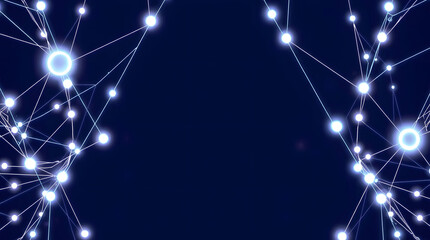Abstract futuristic network of glowing nodes and connecting lines on a deep blue background, symbolizing data transfer and connectivity
