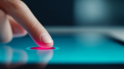 Close-up of finger touching digital screen with blue interface and pink highlight
