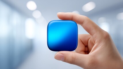 Hand holding blue capsule shaped object indoors