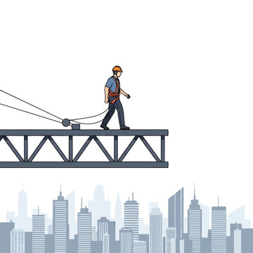 Illustration of a construction worker walking on a steel beam with safety gear against a city skyline
