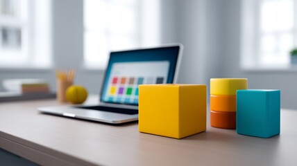 Colorful geometric shapes and laptop on modern office desk