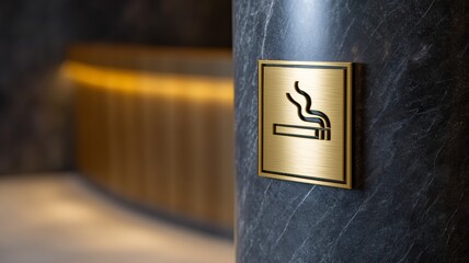 Gold smoking area sign on marble wall in modern indoor space