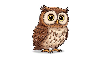 Obraz premium Cartoon owl with big yellow eyes and detailed feather design standing on white