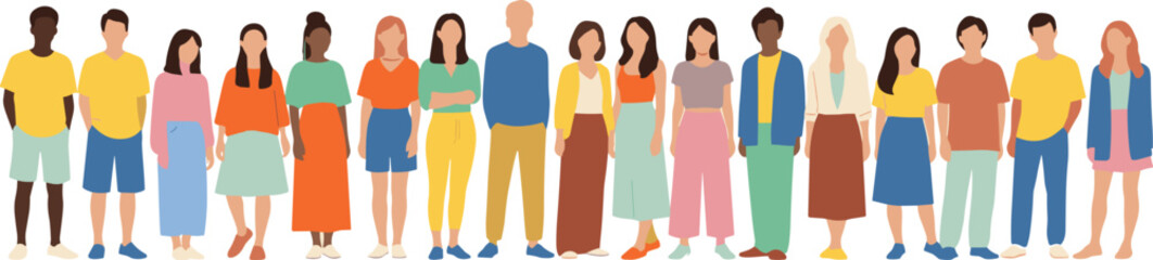 Obraz premium Flat vector illustration of a diverse group of multiethnic men and women standing together wearing colorful casual modern summer clothing.