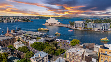 21 January 2026 Aerial Drone View of Sydney Harbour Circular Quay on a nice Summer day beautiful Sky in Sydney NSW Australia