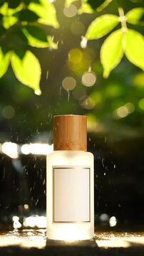 Bright sunlight filtering through lush green leaves illuminating a modern essential oil diffuser on a reflective surface in an