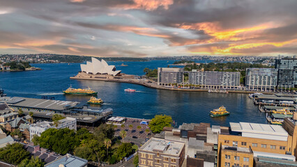21 January 2026 Aerial Drone View of Sydney Harbour Circular Quay on a nice Summer day beautiful Sky in Sydney NSW Australia