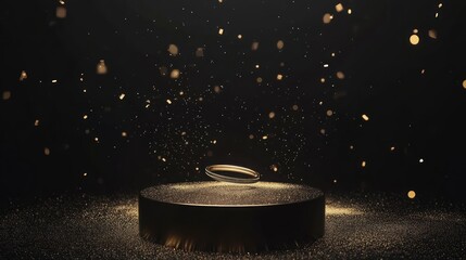 a captivating presentation of a golden ring shimmering in a dark ambiance, elevated on a circular stage with scattered golden particles