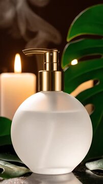 Serene scene featuring elegant white ceramic diffuser bottle with golden pump alongside burning candles and lush green foliage
