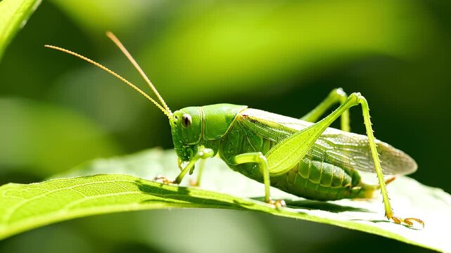 Close-up of a Green Grasshopper Perched on a Leaf in Natural Environment
