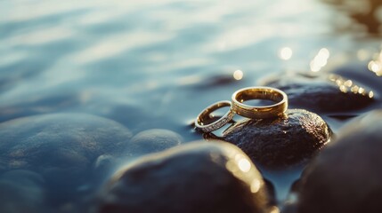 golden bands nestled on river stones, a pledge amidst gentle currents, love?s eternity reflected in tranquil waters under the sun's embrace